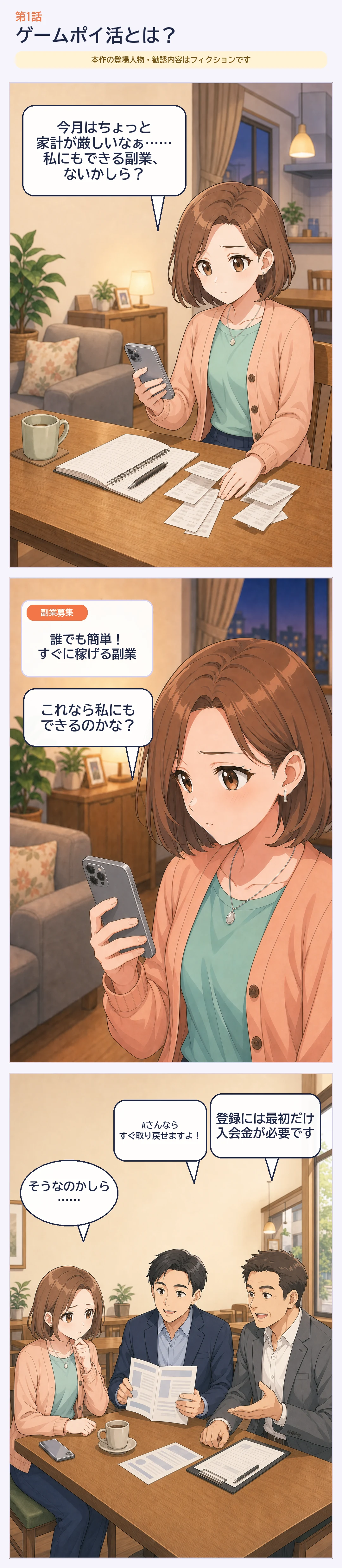 第1話1ページ目。家計に悩むAさんが怪しい副業募集を見つけ、カフェで入会金を求められる場面。
