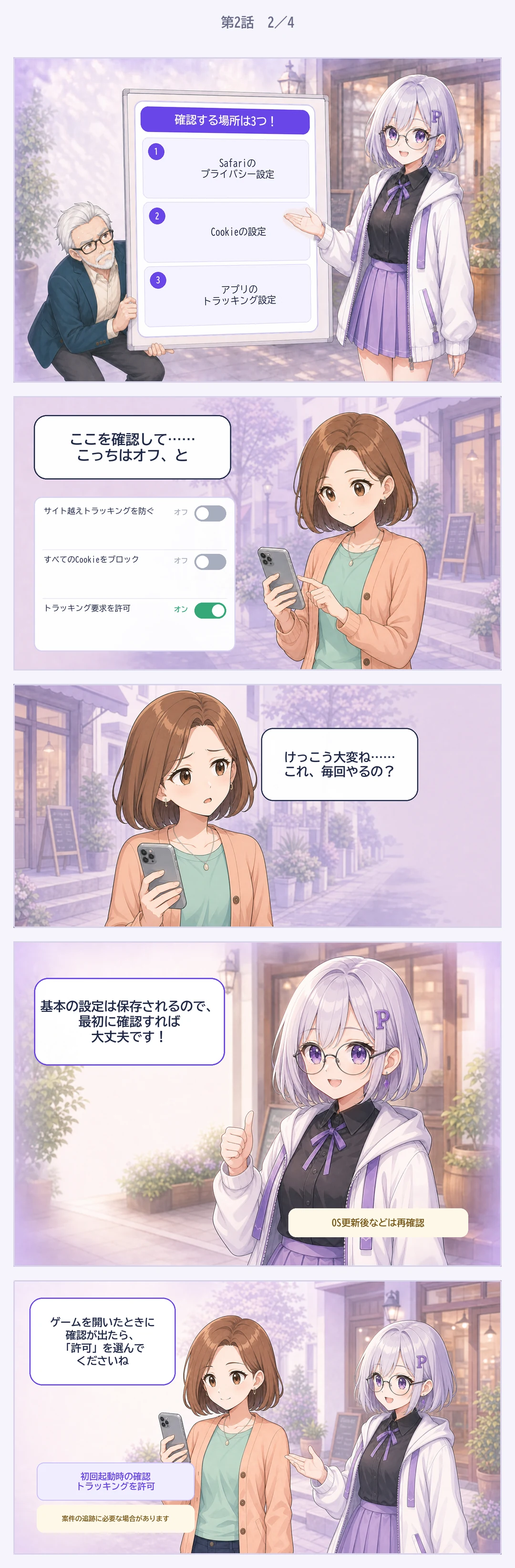 第2話2ページ目。Safari、Cookie、アプリのトラッキング設定を確認し、初回起動時の許可について説明する場面。