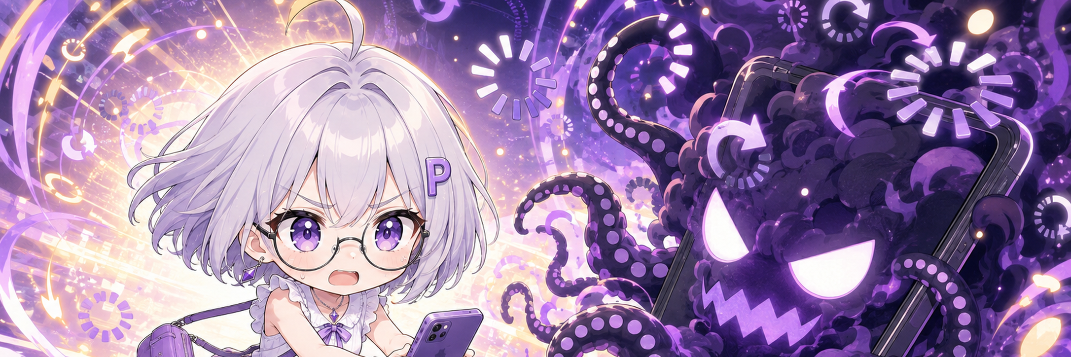 スマートフォンに取り憑いた巨大な周回怪物へ立ち向かう、夏服姿の広報キャラクター・ふろろ