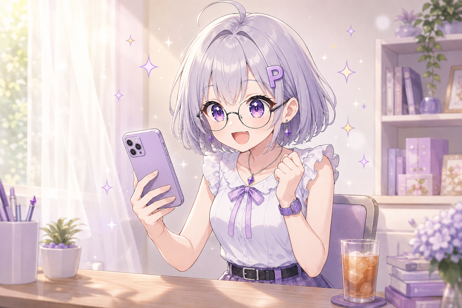 新しいゲーム案件に目を輝かせ、スマートフォンを手に喜ぶ夏服姿のふろろ